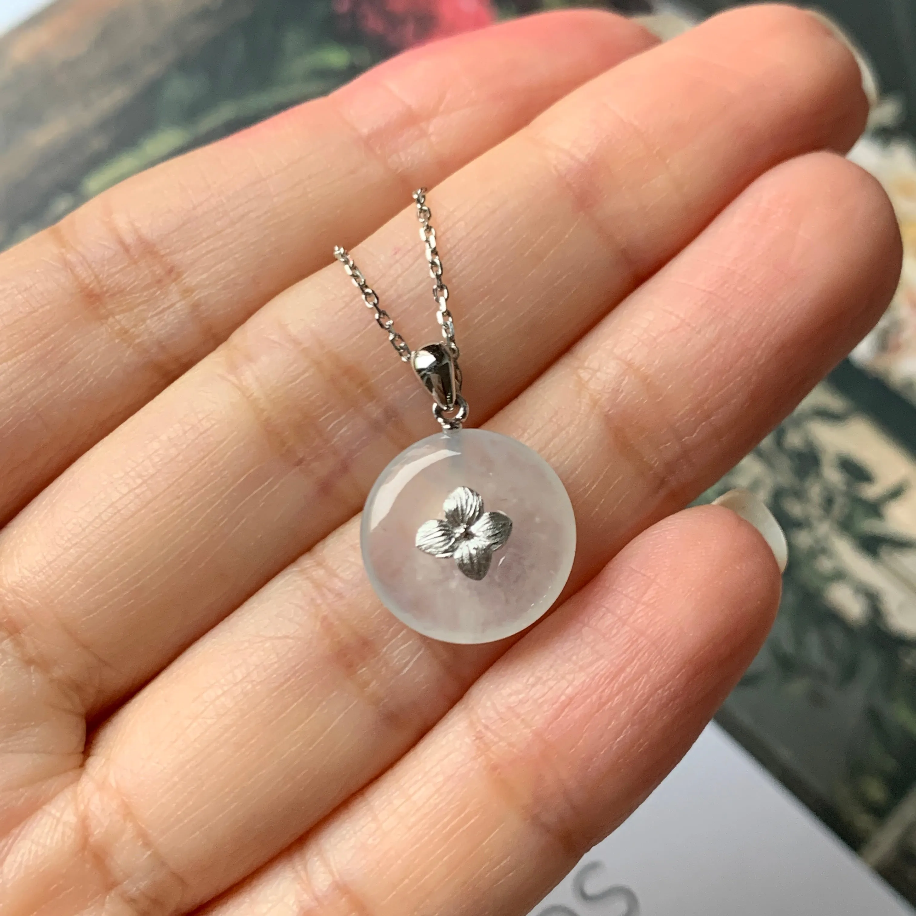 SOLD OUT - Icy A-Grade Jadeite Bespoke Donut Pendant (Hydrangea Flower) No.171905